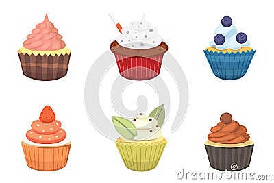 Set of cute vector cupcakes and muffins. Colorful cupcake isolated for food poster design. Vector Illustration