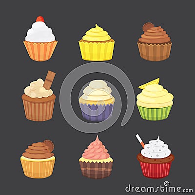 Set of cute vector cupcakes and muffins. Colorful cupcake isolated for food poster design. Vector Illustration