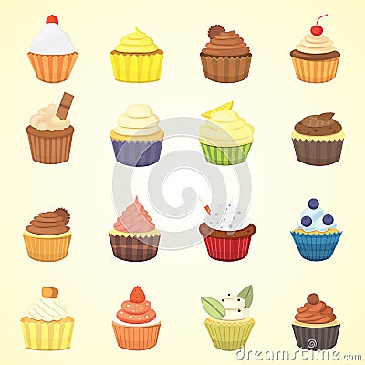 Set of cute vector cupcakes and muffins. Colorful cupcake isolated for food poster design. Vector Illustration