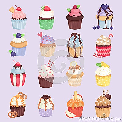 Set of cute vector cupcakes and muffins isolated illustration Vector Illustration