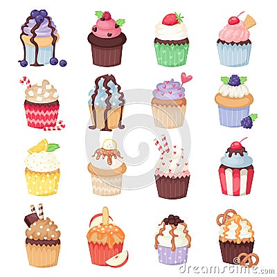 Set of cute vector cupcakes and muffins on white Vector Illustration