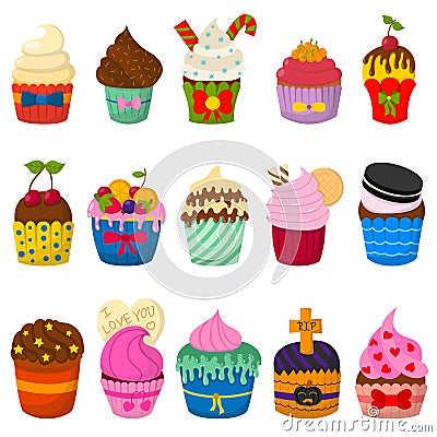 Set of cute vector cupcakes and muffins on white Vector Illustration