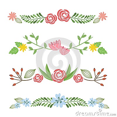 Set of cute vector floral borders or frame elements isolated on white background Vector Illustration