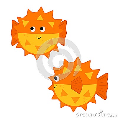 Set cute vector illustration cartoon fish Fugu. orange globefish isolated on white background Cartoon Illustration