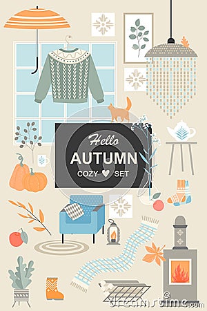 Set of cute vector illustrations of objects and attributes of the scandinavian hygge style. Autumn accessories Vector Illustration
