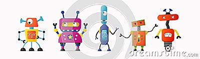 Set of cute vector robot characters for kids. Funny retro style robotics Vector Illustration