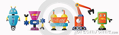 Set of cute vector robot characters for kids. Future robotics and artificial intelligence Vector Illustration