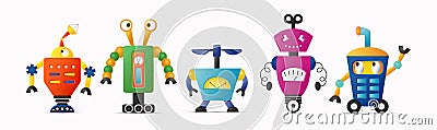 Set of cute vector robot characters for kids. Robotics and artificial intelligence Vector Illustration