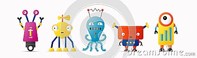 Set of cute vector robot characters for kids. Robotics and artificial intelligence Vector Illustration
