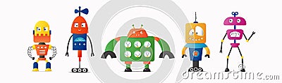 Set of cute vector robot or monster characters for kids. Vintage futuristic cyborgs Vector Illustration