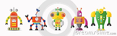 Set of cute vector robot or monster characters for kids. Vintage futuristic cyborgs Stock Photo