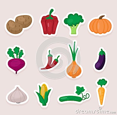 Set of cute vector stickers vegetables icons. Flat style Vector Illustration