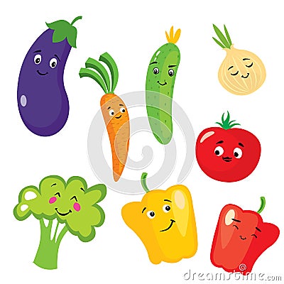 Set of cute vegetables in the form of characters. Eggplant, tomato, cucumber, onion, paprika, pepper, broccoli and carrots. Vector Illustration