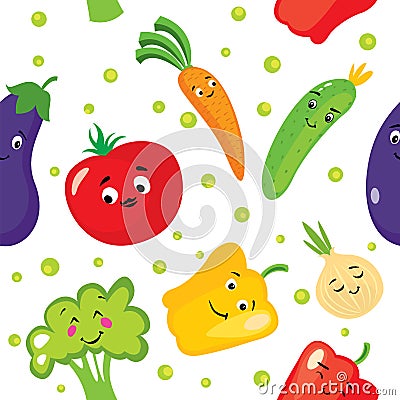 Set of cute vegetables in the form of characters. Eggplant, tomato, cucumber, onion, paprika, pepper, broccoli and carrots. Backgr Vector Illustration