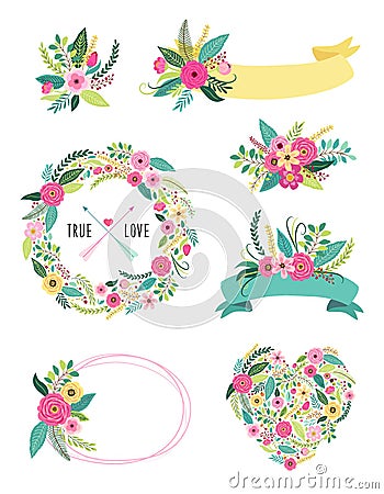 Set of cute vintage elements as rustic hand drawn first spring flowers Vector Illustration