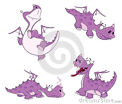 Set of cute violet dragon for you design. Cartoon Vector Illustration