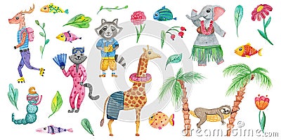 Set of cute watercolor animals, flowers and tropical leaves. Isolated hand drawn illustrations for design Cartoon Illustration