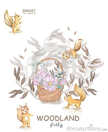 Set cute watercolor bohemian baby squirrel animal and wooden basket poster for nursary, alphabet woodland isolated forest Cartoon Illustration