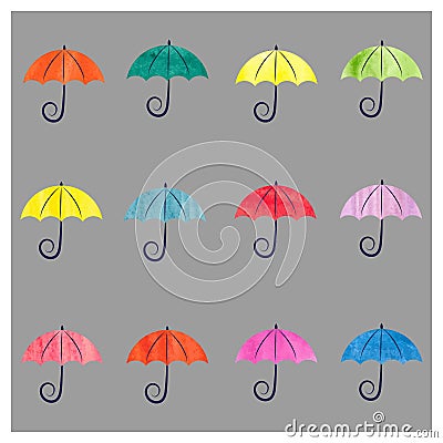 Set of cute watercolor umbrellas. Vector Illustration