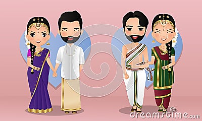 Wedding invitation card the bride and groom cute couple in traditional indian dress cartoon character. Vector illustration. Vector Illustration