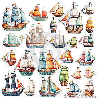 Set of cute whimsical cartoon ships, isolated on white. Watercolor digital illustration Cartoon Illustration