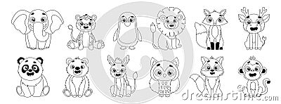 Set of cute wild animal icons including lion, fox, deer, elephant, tiger, penguin, owl, wolf, monkey, panda, bear and Vector Illustration