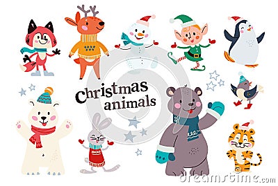 Set of cute winter animals fox, polar bear, penguin in scarfs and hats, snowman, santa elf isolated. Vector Illustration