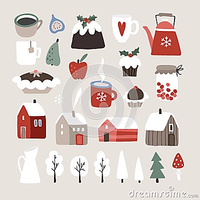 Set of cute winter, Christmas food, drink and landscape icons. Cup of coffee, fruit, Christmas pudding, desserts Vector Illustration