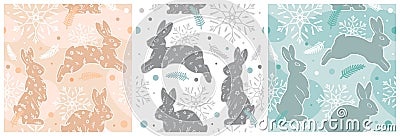 Set of cute winter festive seamless patterns of rabbits and snowflakes. Vector Illustration