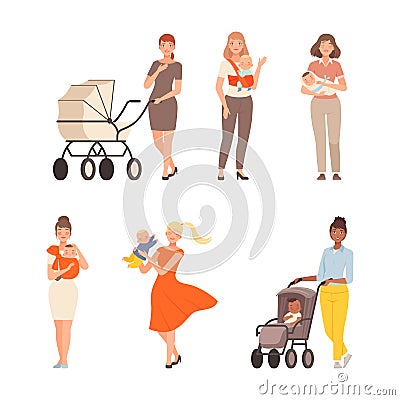 Set of cute women with newborn babies. Moms holding babies in their arms and walking with baby stroller cartoon vector Vector Illustration