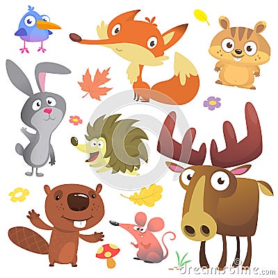 Set of cute woodland animals isolated on white background. Cartoon animals st Vector Illustration