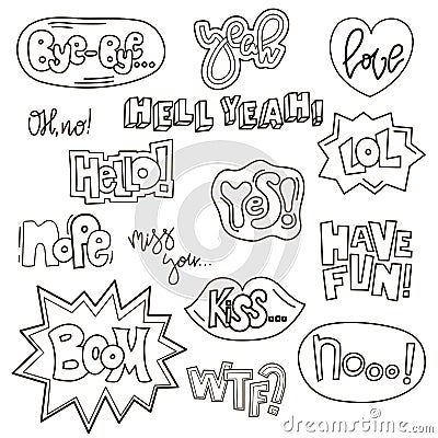 Set of cute words in doodle style. Cartoon speech bubble collection. Handdrawn comic design. Vector badges and patches Vector Illustration