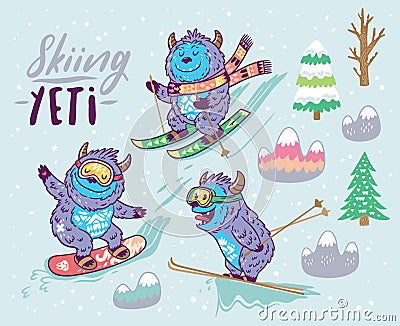 Set of cute yeti skiing in the mountain. Vector illustration Vector Illustration