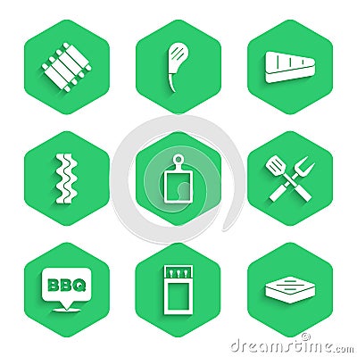 Set Cutting board, Matchbox and matches, Steak meat, Crossed fork spatula, Barbecue, Bacon stripe, and Grilled pork bbq Vector Illustration