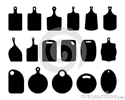 Set of cutting board silhouettes. Kitchen board contour. Boards for serving dishes, board for bread. Shapes for laser Vector Illustration