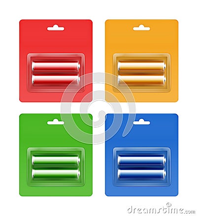 Set of Cyan Blue Red Green Yellow Golden Alkaline AA Batteries in Cyan Blue Red Green Yellow Orange Blister Packed Vector Illustration