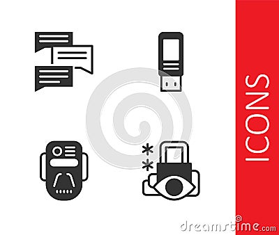 Set Cyber security, Speech bubble chat, Artificial intelligence robot and USB flash drive icon. Vector Vector Illustration