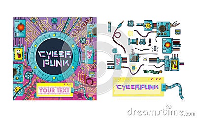 Set cyberpunk futuristic poster with retro games elements tech abstract poster template modern flyer Vector Illustration