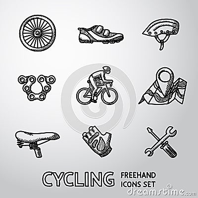 Set of Cycling freehand icons - wheel, shoe Vector Illustration