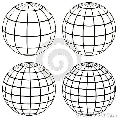 Set 3D ball globe model of the earth sphere with a coordinate grid, Vector Illustration
