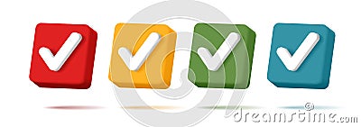 Set of 3d checkmark icons, volume tick on square shape, poll or vote checkbox Vector Illustration