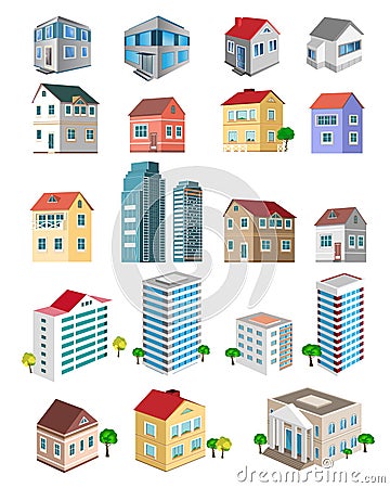 Set of 3d detailed buildings with different types of perspective: skyscrapers, real estate houses Vector Illustration