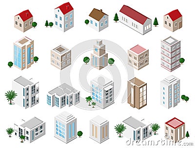 Set of 3d detailed isometric city buildings: private houses, skyscrapers, real estate, public buildings, hotels. Building icons co Vector Illustration