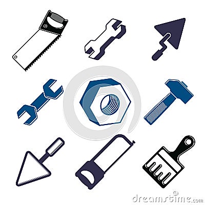 Set of 3d detailed tools, repair theme stylized graphic elements Vector Illustration