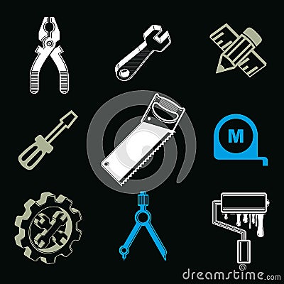 Set of 3d detailed tools, repair theme stylized graphic elements Vector Illustration
