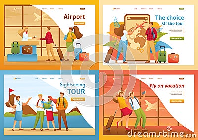 Set 2D Flat concepts, people on vacation, on excursions, on vacation. For Landing page concepts and web design Vector Illustration