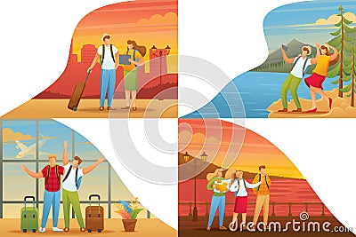 Set 2D Flat concepts tourists on vacation, at the airport, on excursions. For Concept for web design Vector Illustration
