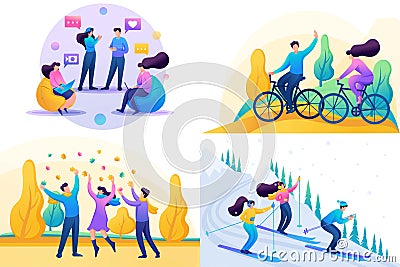 Set 2D Flat concepts, Young people have fun and rejoice, friendship. For Concept for web design Vector Illustration
