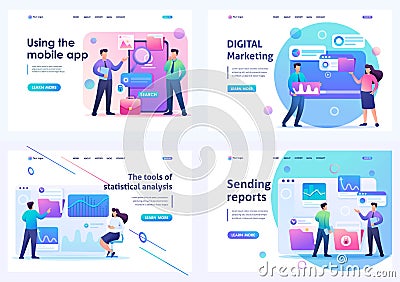 Set 2D Flat concepts young people using mobile apps for gadgets. For Landing page concepts and web design Vector Illustration