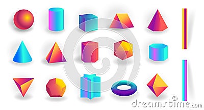 Set of 3d geometric shapes and editable strokes with holographic gradient isolated Vector Illustration